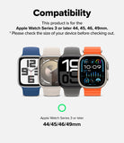 Apple Watch 49·46·45·44 mm | Metal One Mesh - Compatibility graphic for an Apple Watch band or watch case, showing four Apple Watch screens with blue, beige, dark gray, and orange bands on a light gray background, with text stating it is for Apple Watch Series 3 or later 44, 45, 46, 49mm.