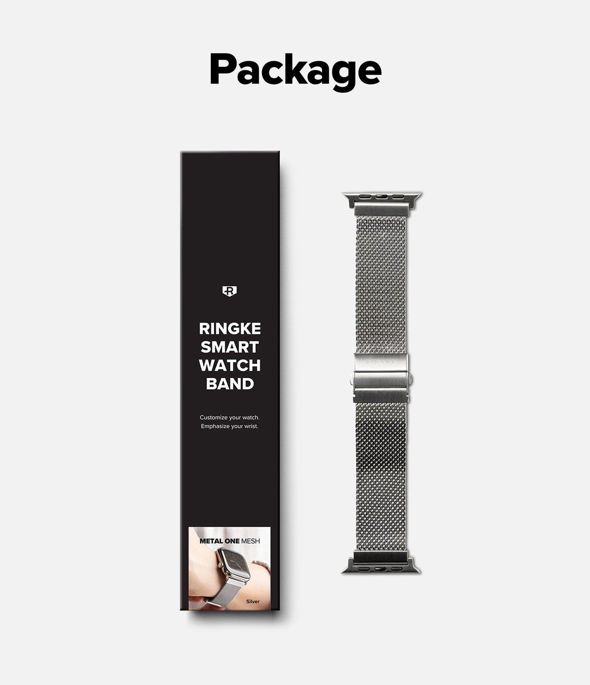 Apple Watch 49·46·45·44 mm | Metal One Mesh - A silver metallic mesh smart watch band shown next to its black packaging box on a light gray background, with the word 'Package' printed above.