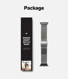 Apple Watch 49·46·45·44 mm | Metal One Mesh - A silver metallic mesh smart watch band shown next to its black packaging box on a light gray background, with the word 'Package' printed above.