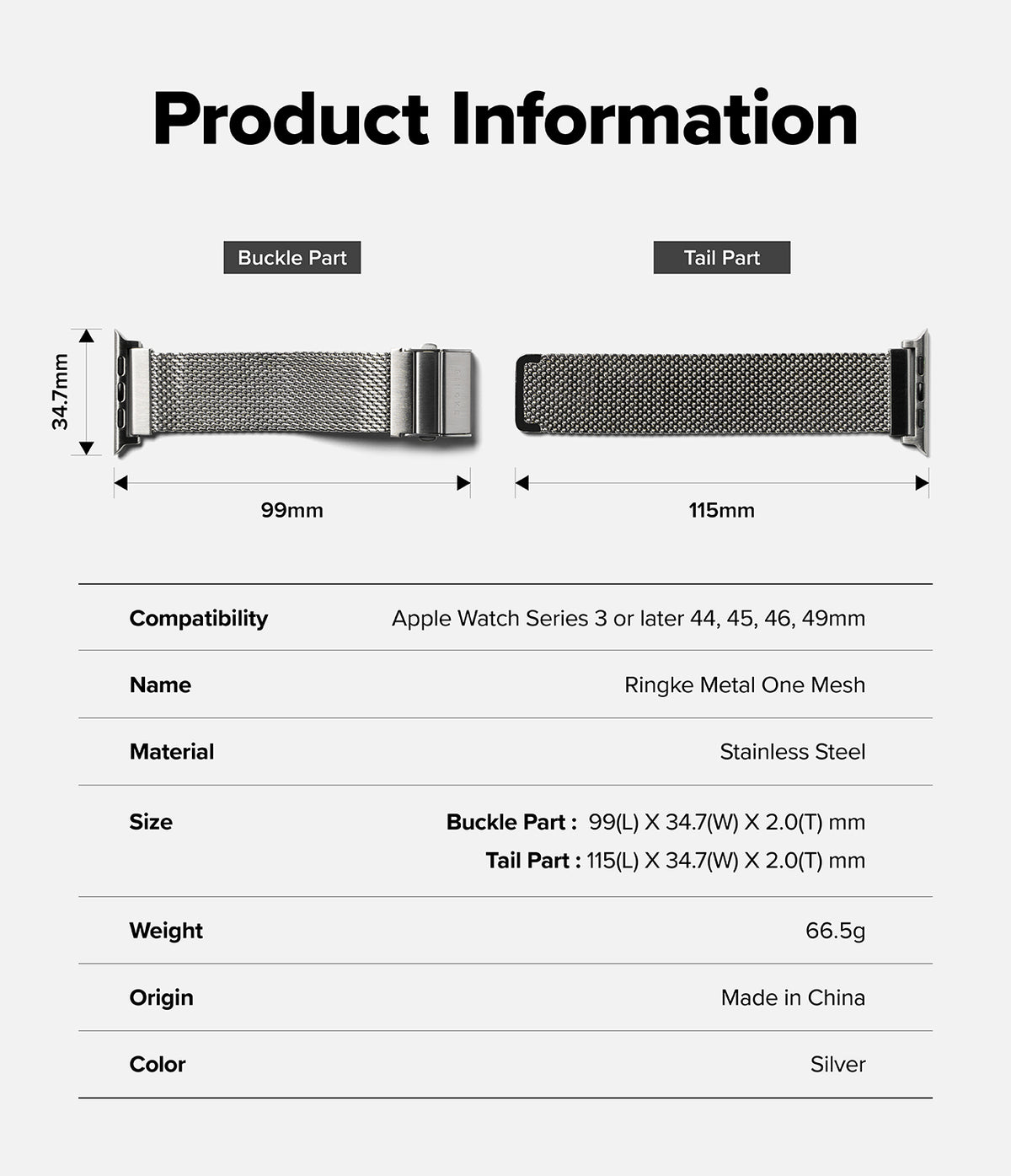 Apple Watch 49·46·45·44 mm | Metal One Mesh - Product information graphic for a silver stainless steel mesh band for Apple Watch, showing front and back views of the buckle and tail parts with dimensions, plus a table listing compatibility, name, material, size, weight, origin, and color.