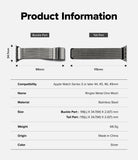 Apple Watch 49·46·45·44 mm | Metal One Mesh - Product information graphic for a silver stainless steel mesh band for Apple Watch, showing front and back views of the buckle and tail parts with dimensions, plus a table listing compatibility, name, material, size, weight, origin, and color.