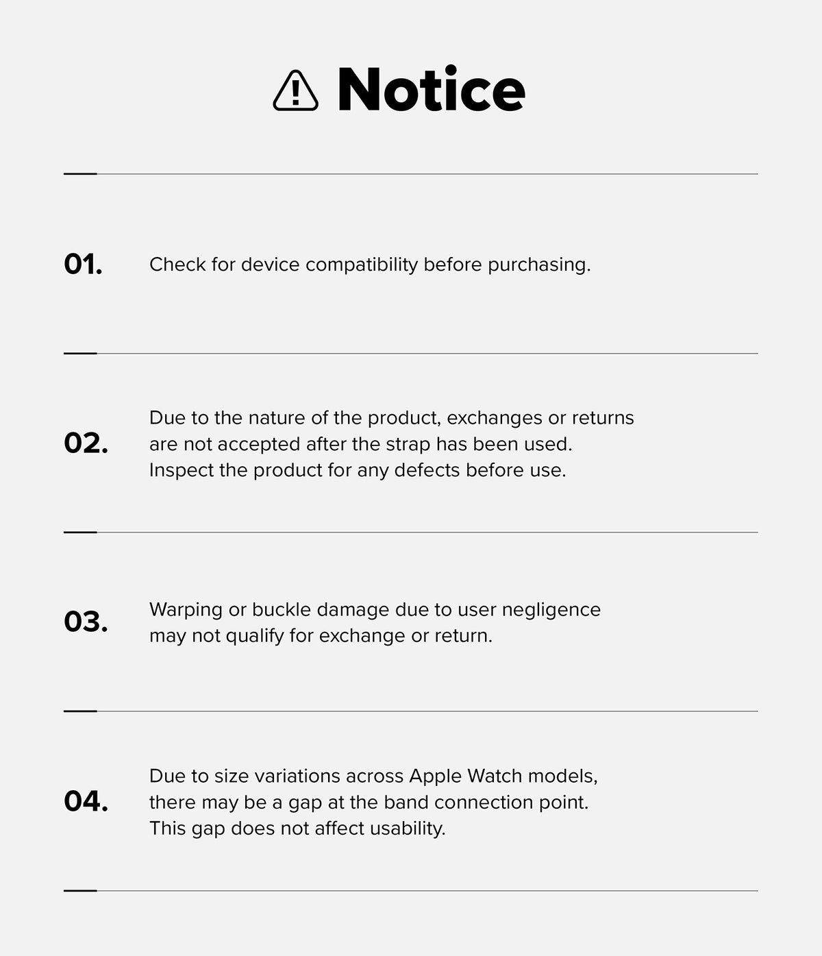 Apple Watch 49·46·45·44 mm | Metal One Mesh - A printed notice card with a warning icon and the heading 'Notice' on a light gray background. The card lists four bullet points in black text about device compatibility, return policies, and Apple Watch model size variations.