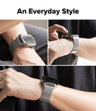 Apple Watch 49·46·45·44 mm | Metal One Mesh - Three-panel lifestyle collage showing a silver smartwatch with a mesh metal band worn on a person's wrist, with the text 'An Everyday Style' at the top.