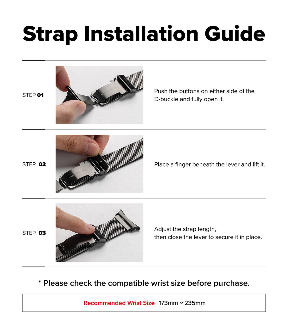 Galaxy Watch Ultra 2 / 1 | Metal One Mesh - A watch strap installation guide with three labeled steps showing a close-up of a metal mesh watch band being opened and adjusted, plus text instructions and a note recommending a wrist size of 173mm • 235mm.