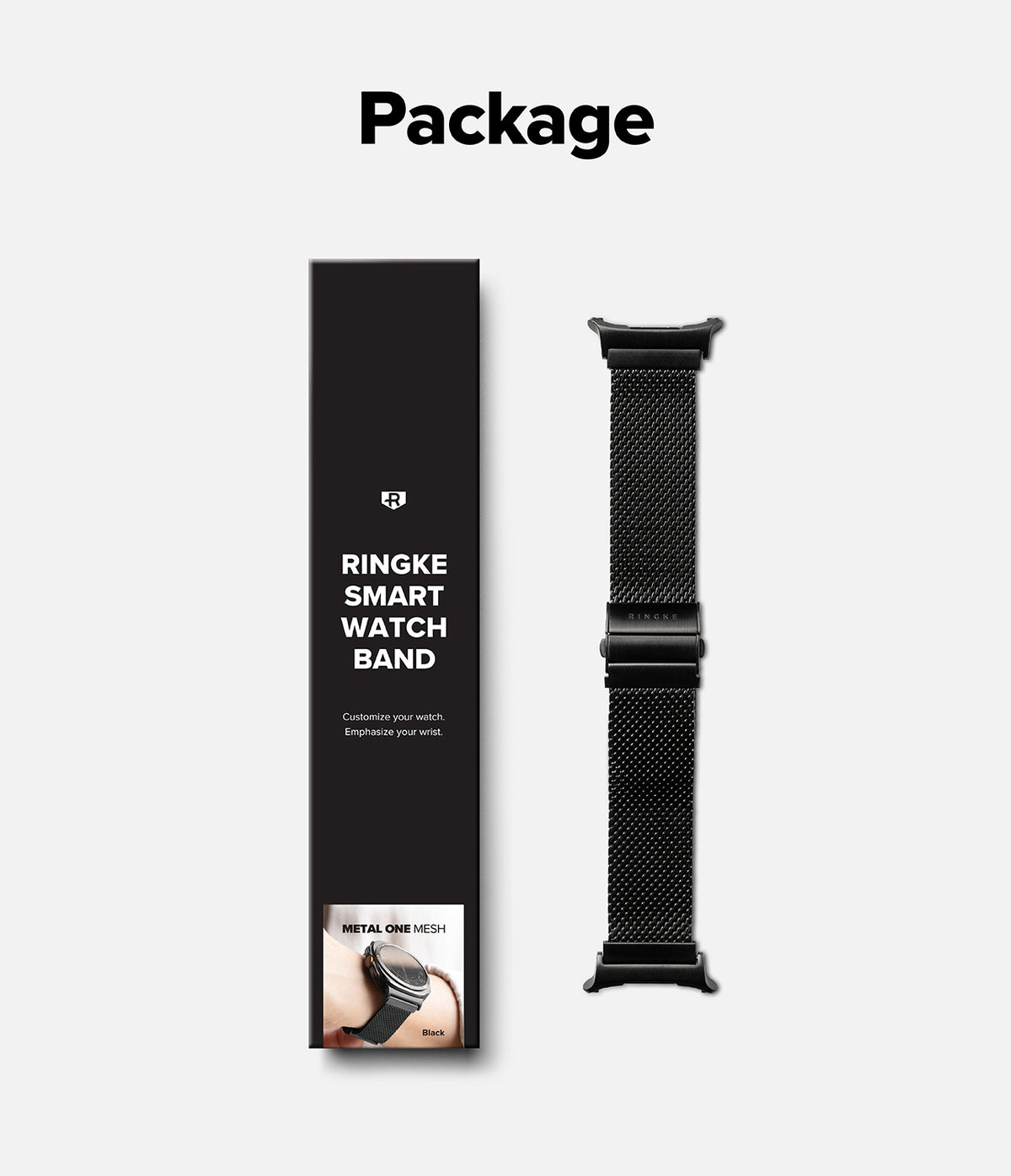 Galaxy Watch Ultra 2 / 1 | Metal One Mesh - A black smart watch band displayed next to its black packaging box on a light gray background, with the word 'Package' printed above.