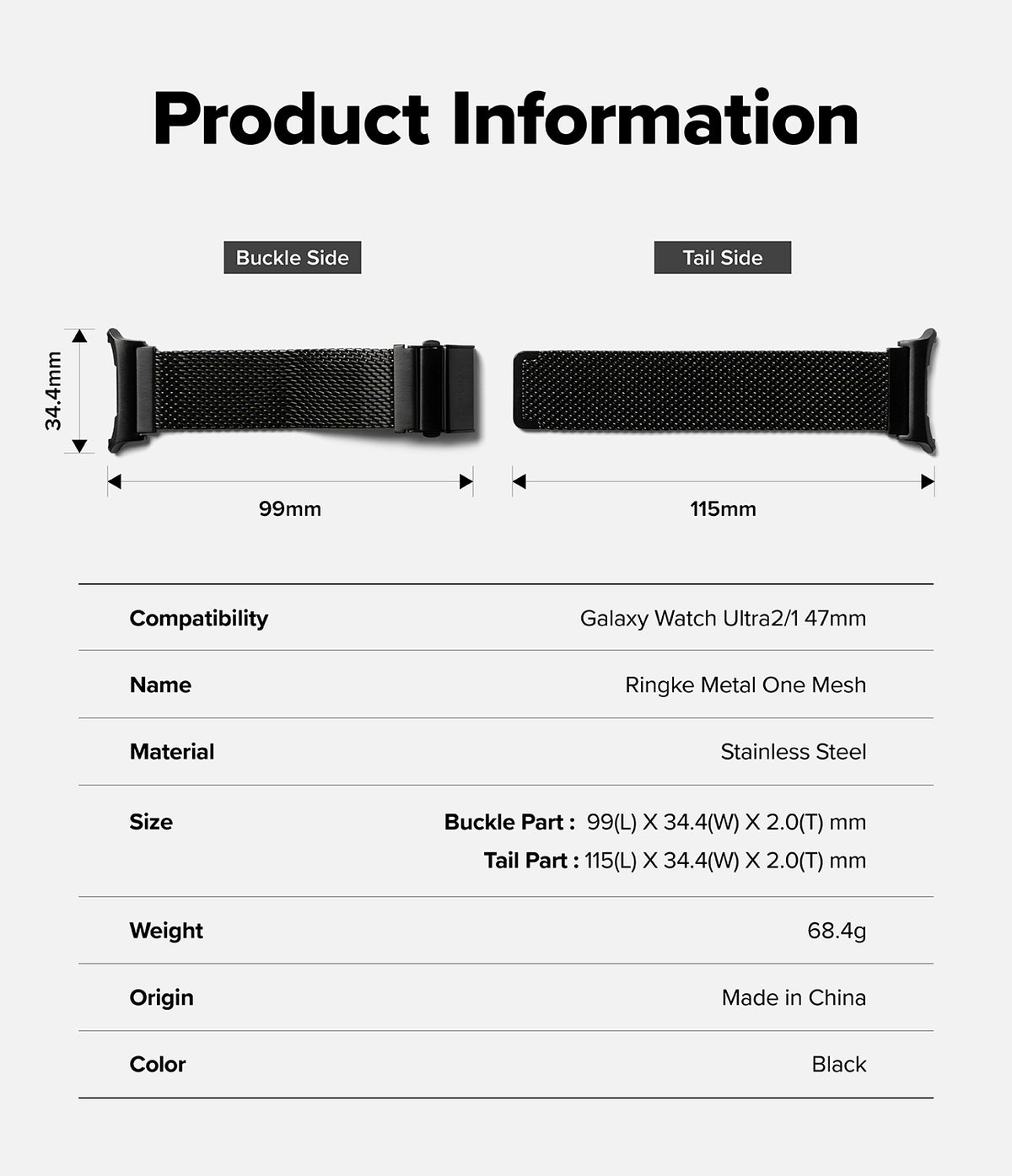 Galaxy Watch Ultra 2 / 1 | Metal One Mesh - Product information chart for a black stainless steel ringke metal mesh watch band, showing front and back views with dimensions, compatibility with Galaxy Watch Ultra 2/1 47mm, and a list of specifications.
