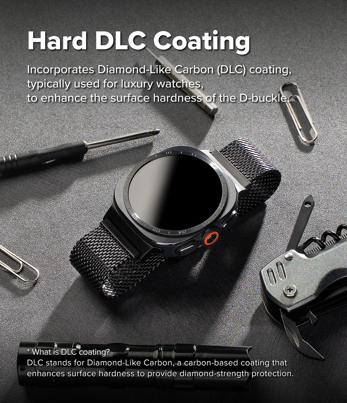 Galaxy Watch Ultra 2 / 1 | Metal One Mesh - A smartwatch with a black mesh band is shown on a dark textured surface with promotional text about DLC coating and surrounding tools including a screwdriver, paperclip, and folding knife.
