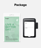 Pen Holder | Name Tag (2P) - A product presentation showing a light green and white Ringke pouch next to a black leather card holder with a white insert, under the heading 'Package' on a light gray background.