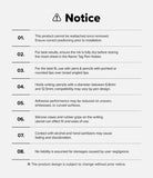 Pen Holder | Name Tag (2P) - A printed notice sheet with a warning icon and the heading 'Notice' on a light gray background, listing ten bullet points of installation and usage information for a pen holder.