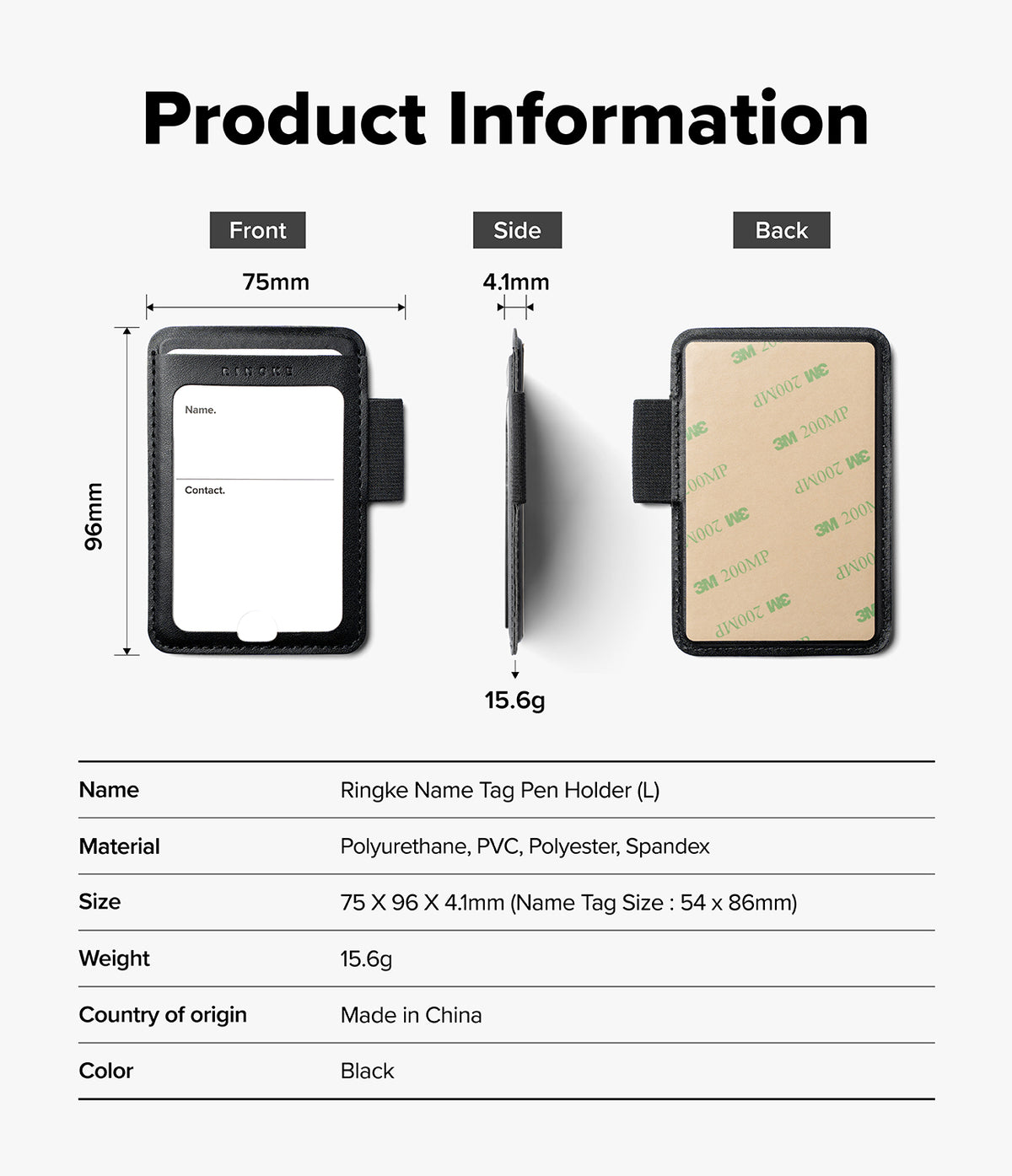 Pen Holder | Name Tag (2P) - Product information diagram showing a black ringke Name Tag Pen Holder with front, side, and back views, including dimensions, weight, and material details.