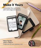 Pen Holder | Name Tag (2P) - Personalized card holder with two black ID badge holders and name tags displayed on a beige notebook on a wooden desk, with pencils and a paper tape roll as props. Text reads 'Make it Yours' and shows name tag size details.