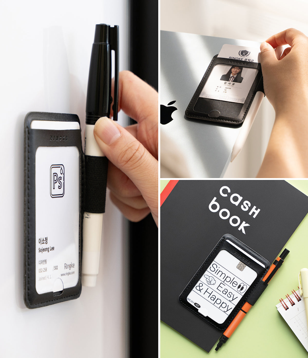 Pen Holder | Name Tag (2P) - A collage showing a black magnetic card holder with a pen attached, used on a whiteboard, held in a hand, and displayed on a notebook next to a cash book.
