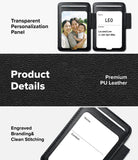 Pen Holder | Name Tag (2P) - Promotional product graphic for a transparent personalized phone case. The top section shows the case installed on a smartphone with a family photo and a contact card labeled LEO, with text reading 'Transparent Personalization Panel.