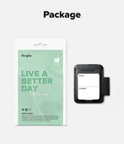 Pen Holder | Name Tag (2P) - A product presentation showing a mint green and white Ringke pouch next to a black leather card holder with a white insert, under the heading 'Package' on a light gray background.