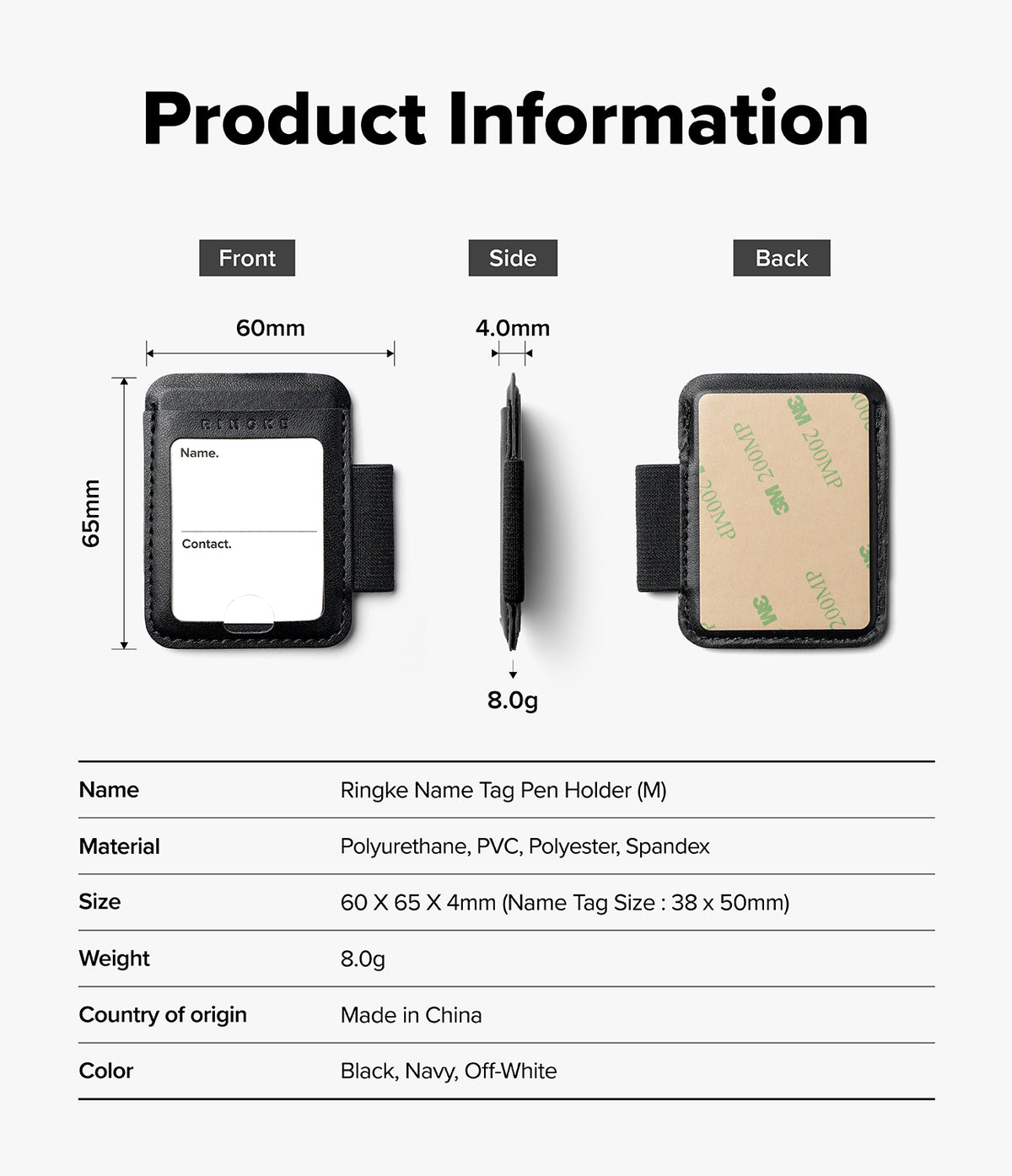 Pen Holder | Name Tag (2P) - Product information diagram for a Ringke name tag pen holder, showing front, side, and back views with dimensions, plus a specification table listing material, size, weight, origin, and color.