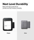 Pen Holder | Name Tag (2P) - Promotional graphic showing two armband phone cases side by side on a light gray background with headline text about durability. The left case is black and labeled 'Ringke' with a white insert card, and the right case is gray and labeled 'Other'.