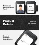 Pen Holder | Name Tag (2P) - A promotional product graphic for a black PU leather luggage tag or ID holder. The top section shows the transparent personalized panel with a child's photo and sample contact details, with text reading 'Transparent Personalization Panel.