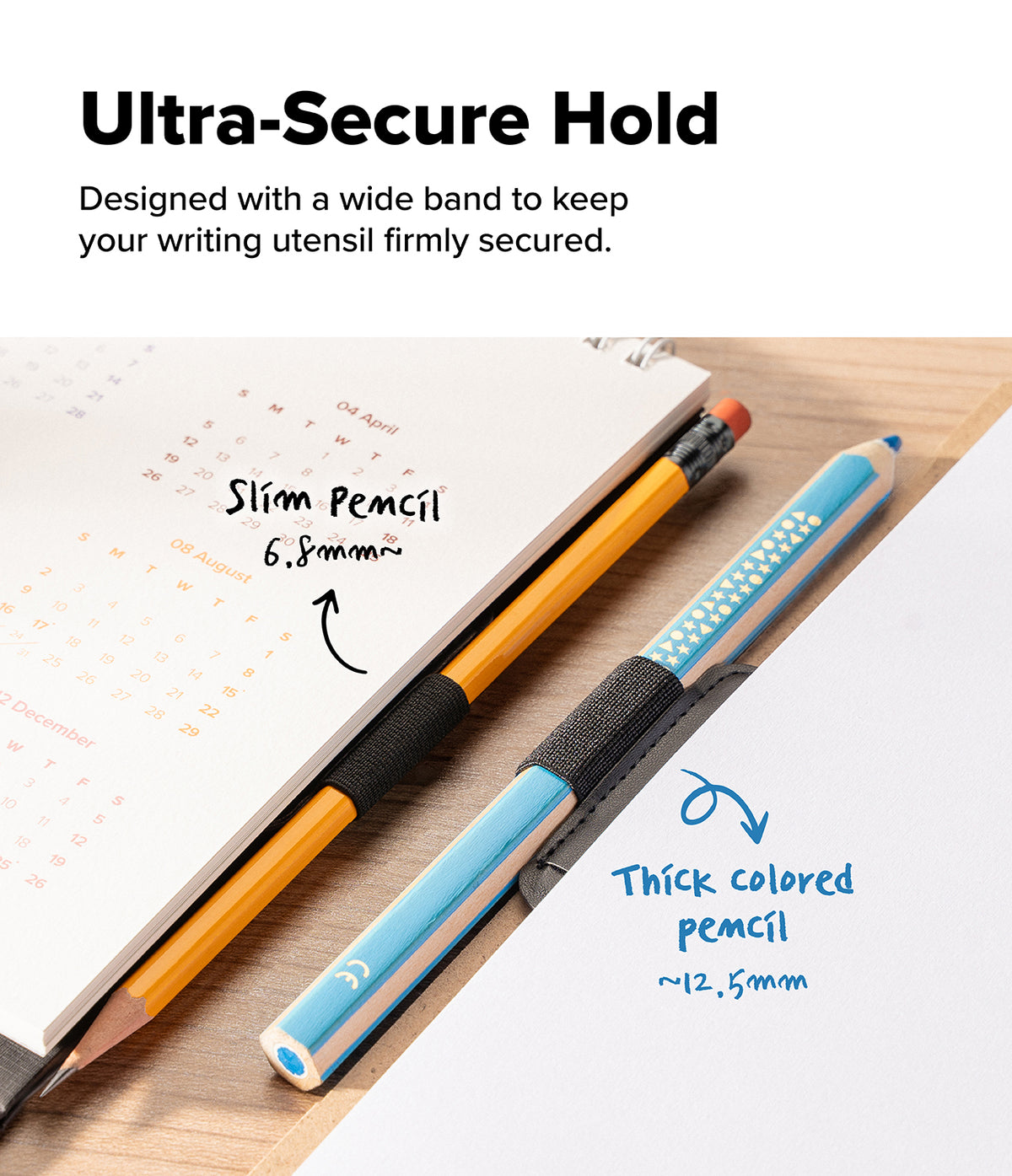Pen Holder | Name Tag (2P) - A promotional product graphic showing two pencils on a desk: a slim yellow pencil labeled 6.8mm and a thicker blue-and-white pencil labeled ~12.
