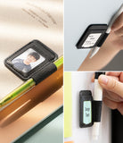 Pen Holder | Name Tag (2P) - A collage showing a black leather ID holder with a strap and card slot, demonstrated in three usage scenes: attached to a notebook with a pen, held on a wall with a card, and held on a whiteboard with a marker. The ID holder is shown with a sample photo card and text labels.