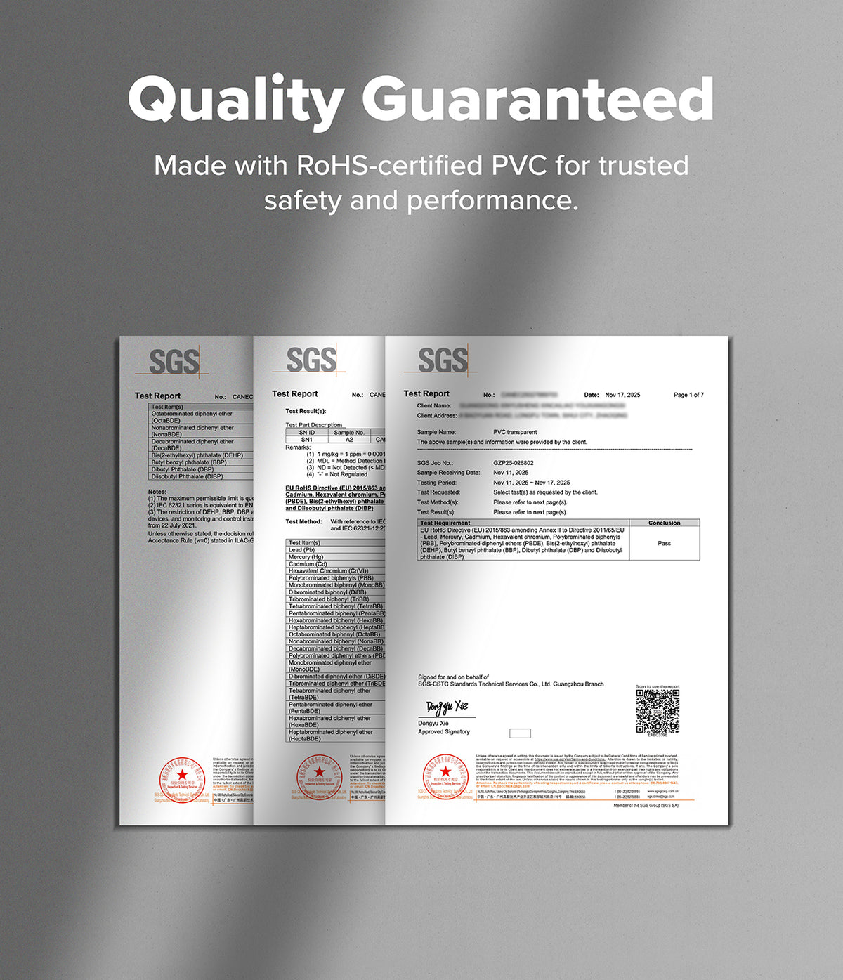 Pen Holder | Name Tag (2P) - Three overlapping SGS test report documents displayed on a gray gradient background, with the headline 'Quality Guaranteed' and supporting text about RoHS-certified PVC for trusted safety and performance.