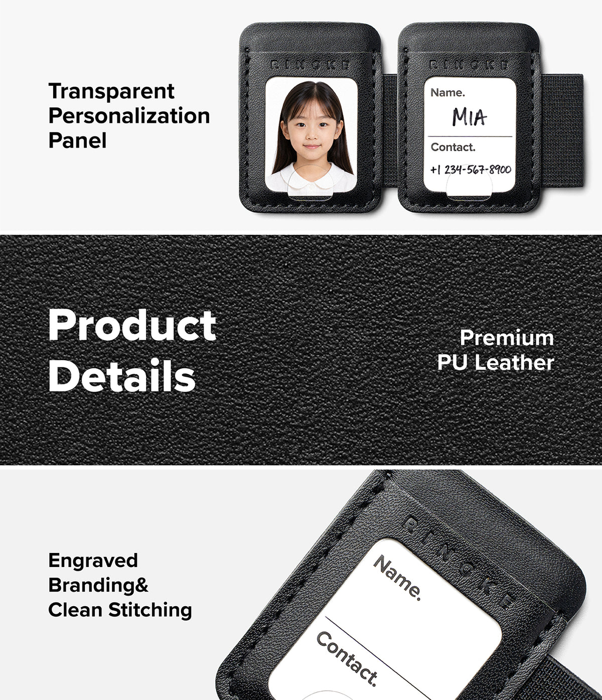 Pen Holder | Name Tag (2P) - A promotional product graphic for a black PU leather luggage tag or ID holder with a transparent personalized panel. The layout includes text callouts reading 'Transparent Personalization Panel,' 'Product Details,' and 'Premium PU Leather,' plus close-up views of the front and back.