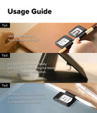 Pen Holder | Name Tag (2P) - Usage guide infographic showing three tips for using a black leather pen holder with ID slots on a folio case. The tips demonstrate secure pen holders, seamless compatibility with folio covers, and easy detachable stylus storage.