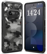 Nothing Phone (3a) Case | Fusion-X - Rugged black phone case with a camo-patterned back and front view showing the screen.