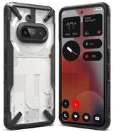 Nothing Phone (3a) Case | Fusion-X - Rugged black protective case on a white Nothing Phone (3a) showing front screen and back.