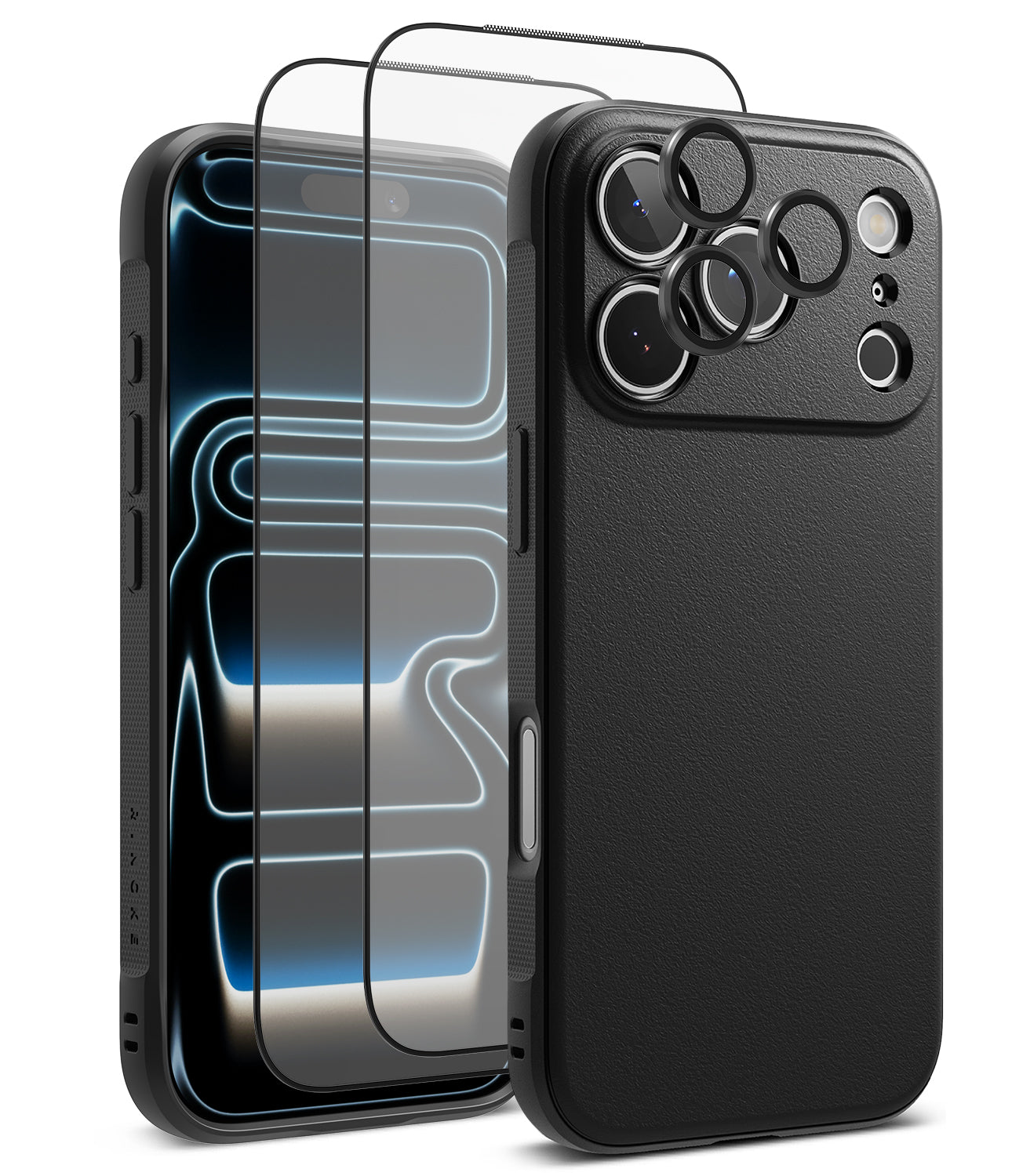 [Bundle] iPhone 17 Pro Max | Onyx Magnetic - Bundle - iPhone 17 Pro Max with black protective case, screen protector, and individual camera lens covers.