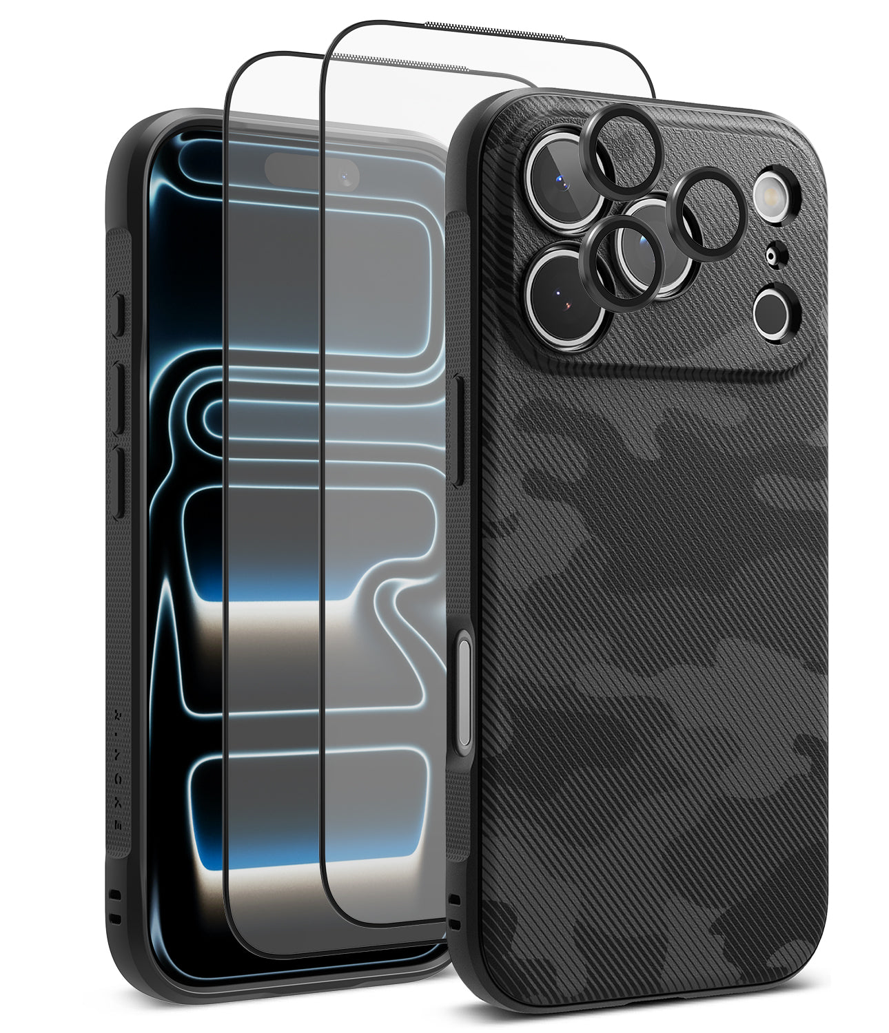 [Bundle] iPhone 17 Pro Max | Onyx Magnetic - iPhone 17 Pro Max | Onyx Magnetic - Black camo phone case with magnetic lens protectors and a glass screen protector.