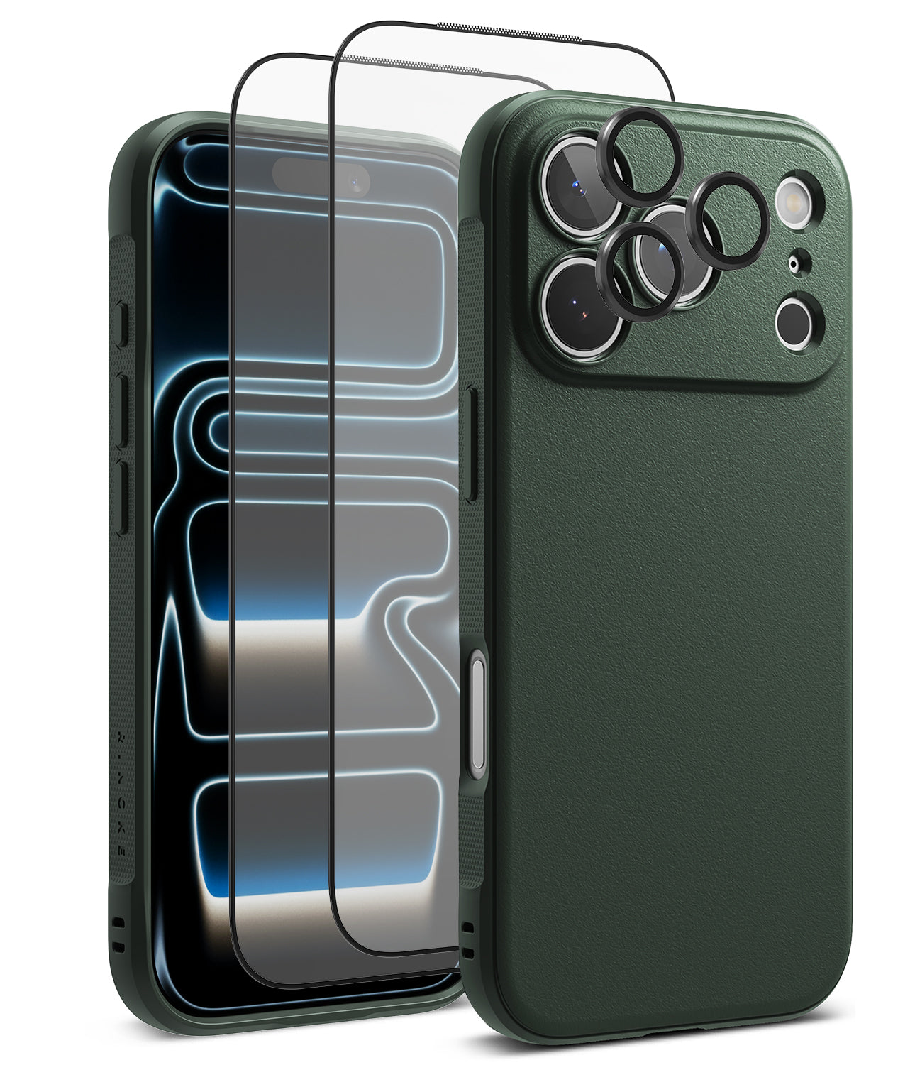 [Bundle] iPhone 17 Pro Max | Onyx Magnetic - iPhone 17 Pro Max | Onyx Magnetic - Dark green phone case, screen protector, and camera lens rings on a white background.