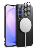 Bundle 15% Galaxy S26 FE Case + Screen / Camera Protectors | Onyx Magnetic - Black protective phone case with a textured back, MagSafe-compatible magnetic ring, and camera cutouts, shown on a smartphone against a white background.