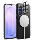 Bundle 15% Galaxy S26 FE Case + Screen / Camera Protectors | Onyx Magnetic - Black protective phone case with a circular MagSafe-compatible ring, shown alongside a smartphone with a clear screen protector and a black camera lens protector overlay, on a white background.