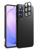 Bundle 15% Galaxy S26 FE Case + Screen / Camera Protectors | Onyx - Black textured phone case shown from the back with a smartphone inserted, plus two circular adhesive film pieces displayed above the camera cutout on a clean white background.