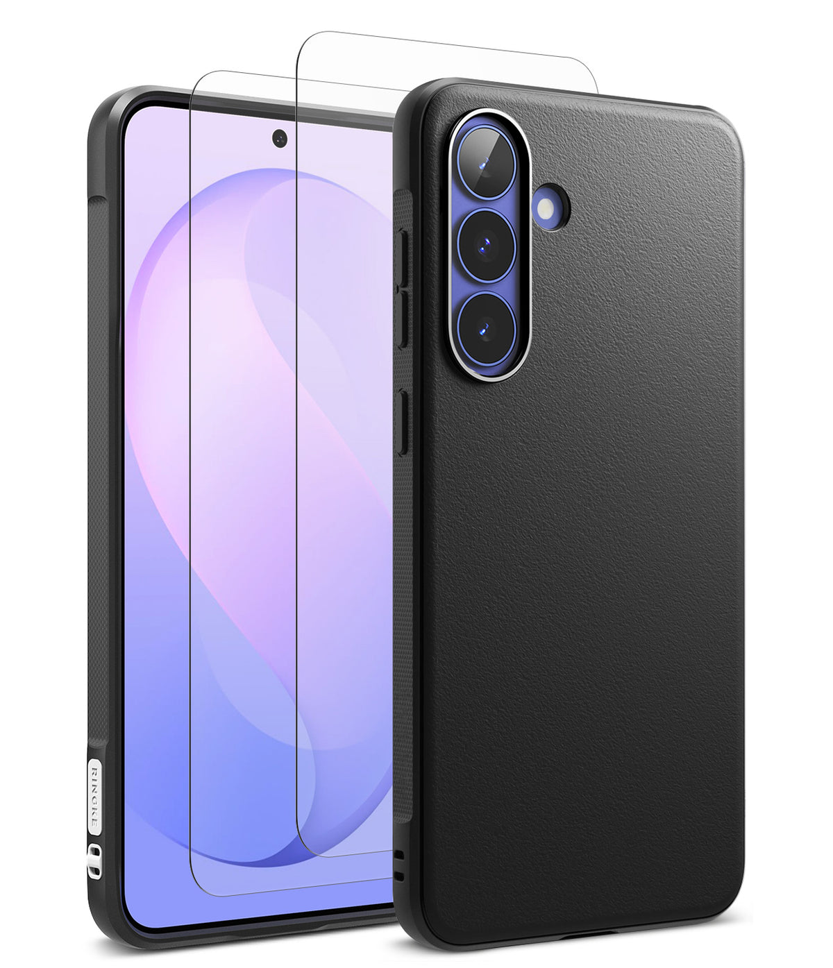 Bundle 15% Galaxy S26 FE Case + Screen / Camera Protectors | Onyx - Black textured phone case shown from the back alongside a smartphone with a clear screen protector overlay, on a clean white background.