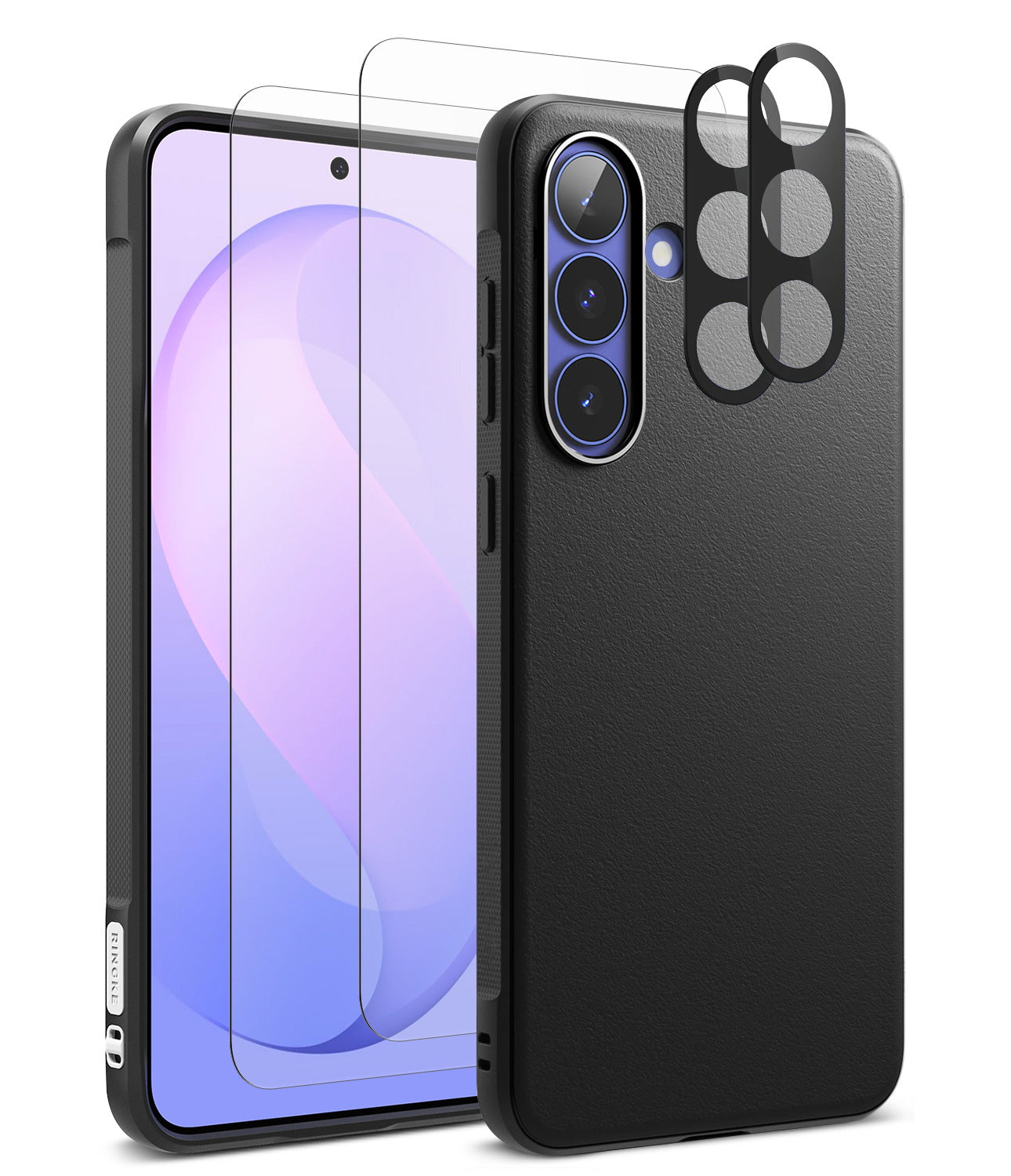 Bundle 15% Galaxy S26 FE Case + Screen / Camera Protectors | Onyx - Black textured phone case with a raised camera bumper and a clear screen protector shown in front of a smartphone, on a white background.