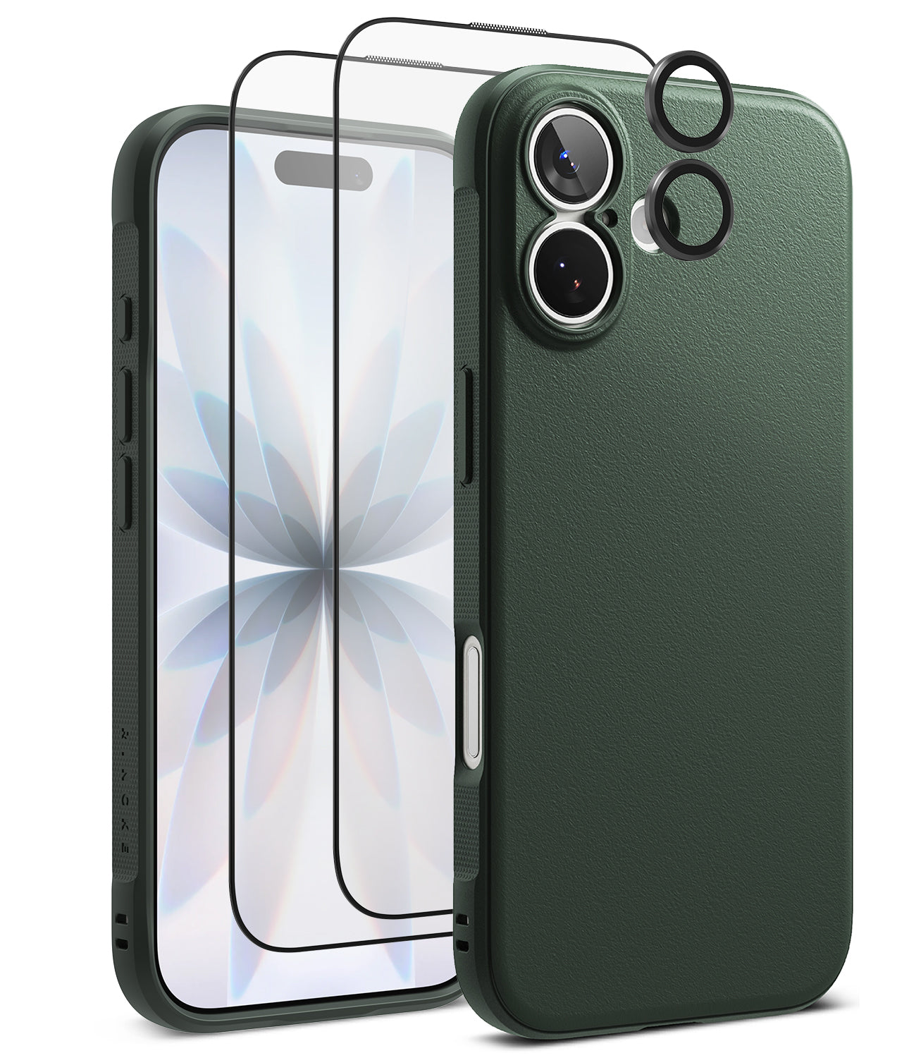 [Bundle] iPhone 17 | Onyx Magnetic - Dark green phone case, screen protector, and lens covers displayed against a white background.