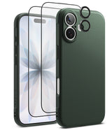 [Bundle] iPhone 17 | Onyx Magnetic - Dark green phone case, screen protector, and lens covers displayed against a white background.