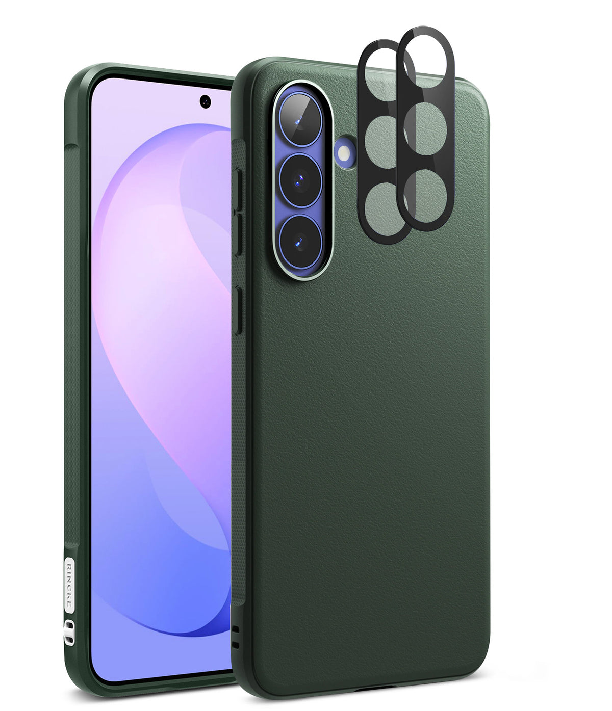 Bundle 15% Galaxy S26 FE Case + Screen / Camera Protectors | Onyx - A dark green textured phone case shown from the back, with a smartphone inserted and a black camera guard accessory placed over the upper right camera area. The phone screen displays a purple and blue wallpaper.