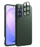 Bundle 15% Galaxy S26 FE Case + Screen / Camera Protectors | Onyx - A dark green textured phone case shown from the back, with a smartphone inserted and a black camera guard accessory placed over the upper right camera area. The phone screen displays a purple and blue wallpaper.