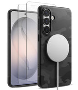 [Bundle] Galaxy S26 | Onyx Magnetic - Black camo phone case with magnetic charger and two screen protectors.
