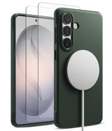 [Bundle] Galaxy S26 | Onyx Magnetic - Green phone case with magnetic charger attached and two glass screen protectors.