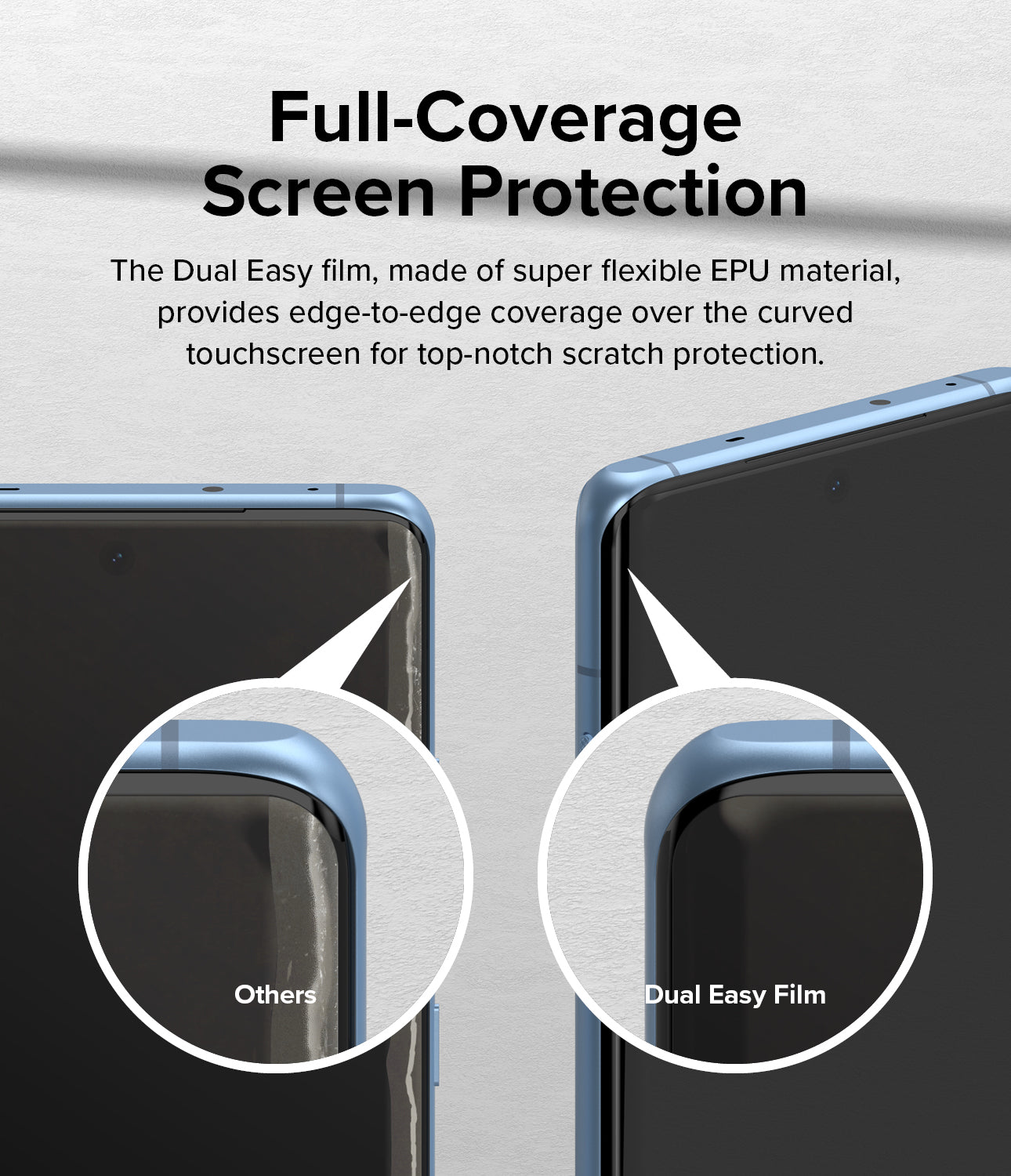 OnePlus 12R Screen Protector | Dual Easy Film - Full Coverage Screen Protection. The Dual Easy Film, made of super flexible EPU material, provides edge-to-edge coverage over the curved touchscreen for top-notch scratch protection