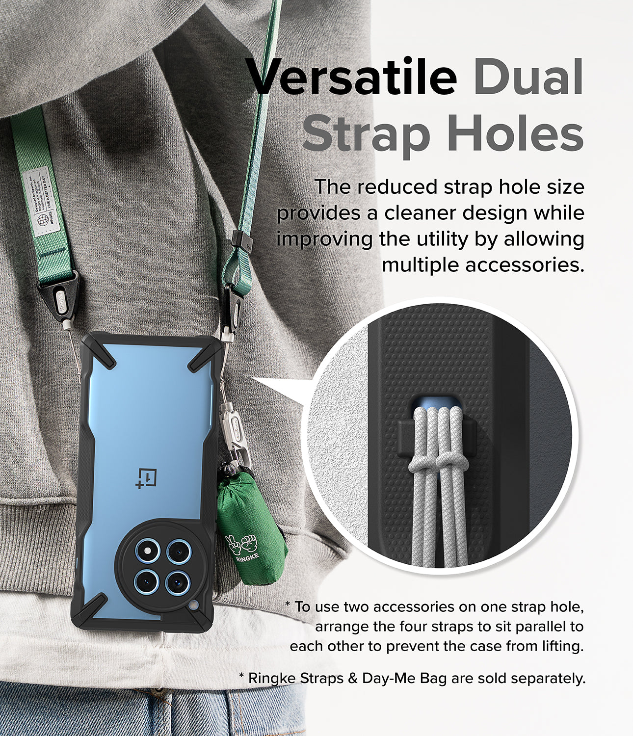 OnePlus 12R Case | Fusion-X Black - Versatile Dual Strap Holes. The reduced strap hole size provides a cleaner design while improving the utility by allowing multiple accessories.