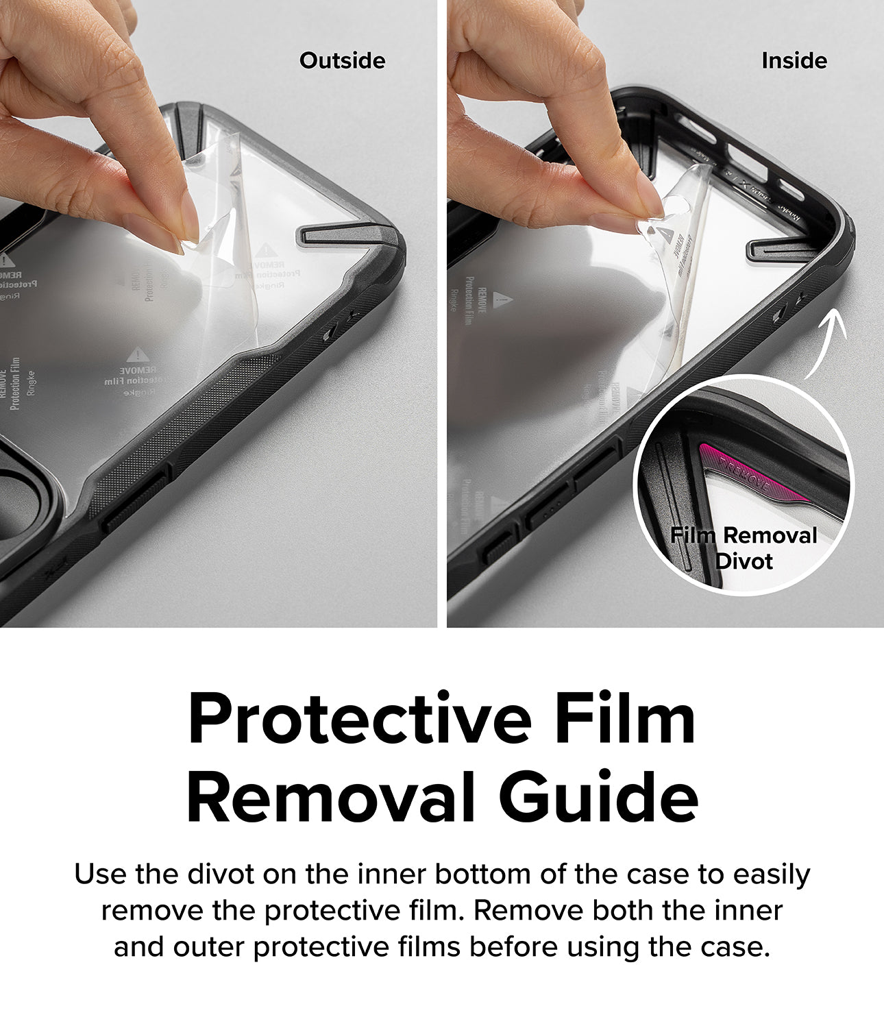 OnePlus 12R Case | Fusion-X Black - Protective Film Removal Guide. Use the divot on the inner bottom of the case to easily remove the protective film. Remove both the inner and outer protective films before using the case.