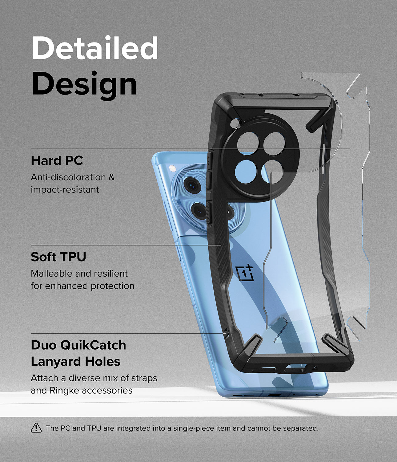 OnePlus 12R Case | Fusion-X Black - Detailed Design. Anti-discoloration and impact-resistant with Hard PC. Malleable and resilient for enhanced protection with Soft TPU. Duo QuikCatch Lanyard Holes to attach a diverse mix of straps and Ringke accessories.