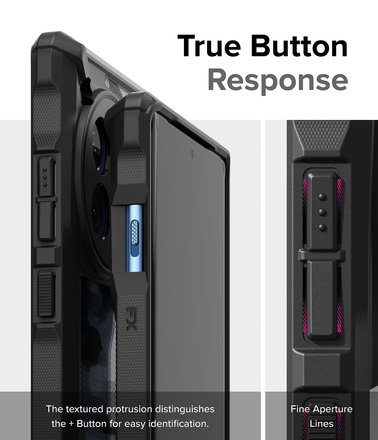 OnePlus 12R Case | Fusion-X Camo Black - True Button Response. The textured protrusion distinguishes the + button for easy identification. Fine Aperture Lines.