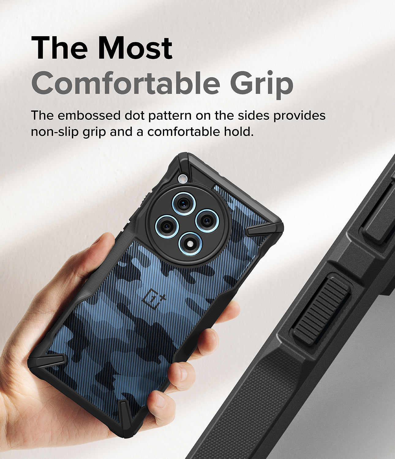 OnePlus 12R Case | Fusion-X Camo Black - The Most Comfortable Grip. The embossed dot pattern on the sides provides non-slip grip and a comfortable hold.