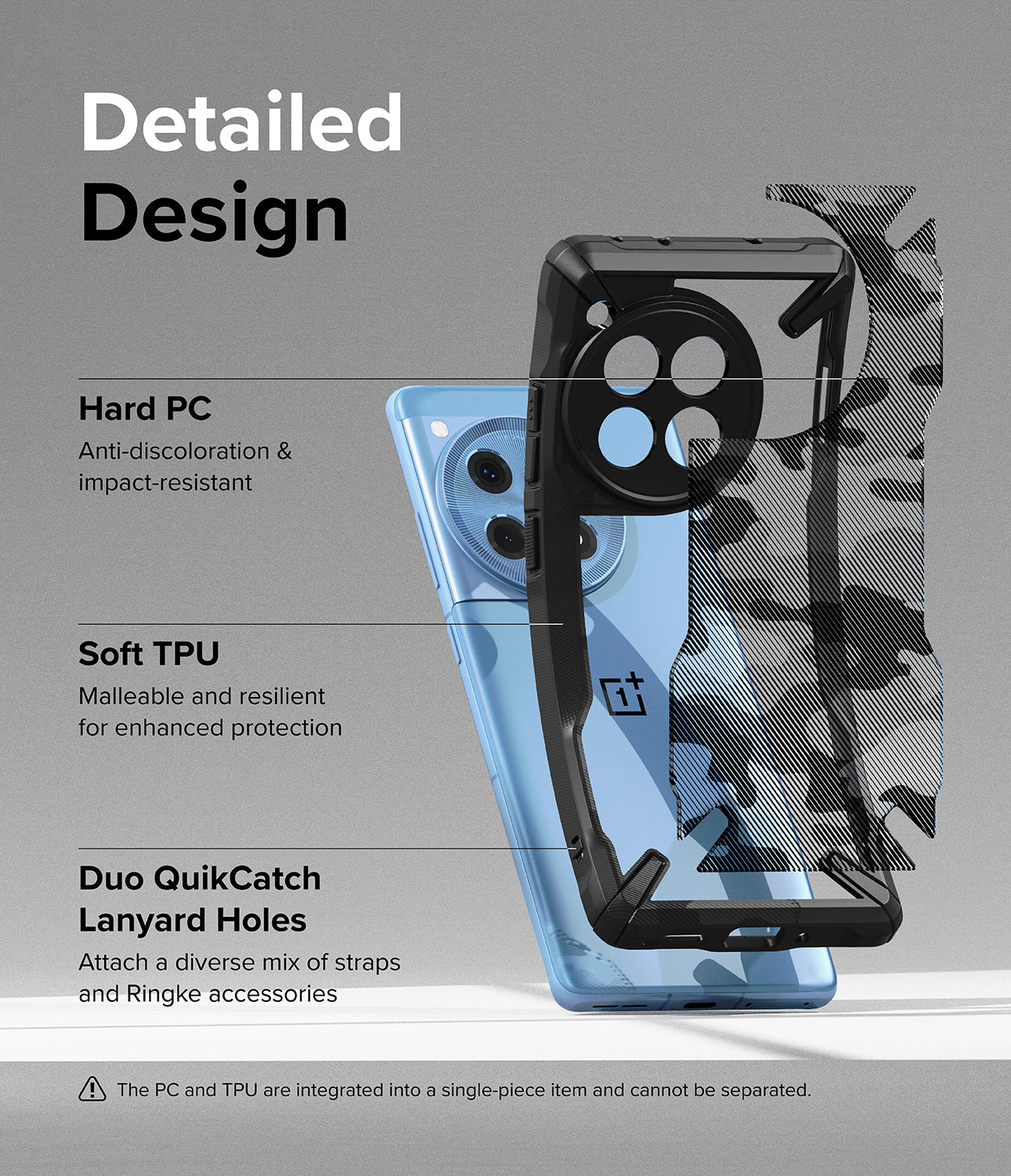 OnePlus 12R Case | Fusion-X Camo Black - Detailed Design. Anti-discoloration and impact-resistant with Hard PC. Malleable and resilient for enhanced protection with Soft TPU. Duo QuikCatch Lanyard Holes to attach a diverse mix of straps and Ringke accessories. 