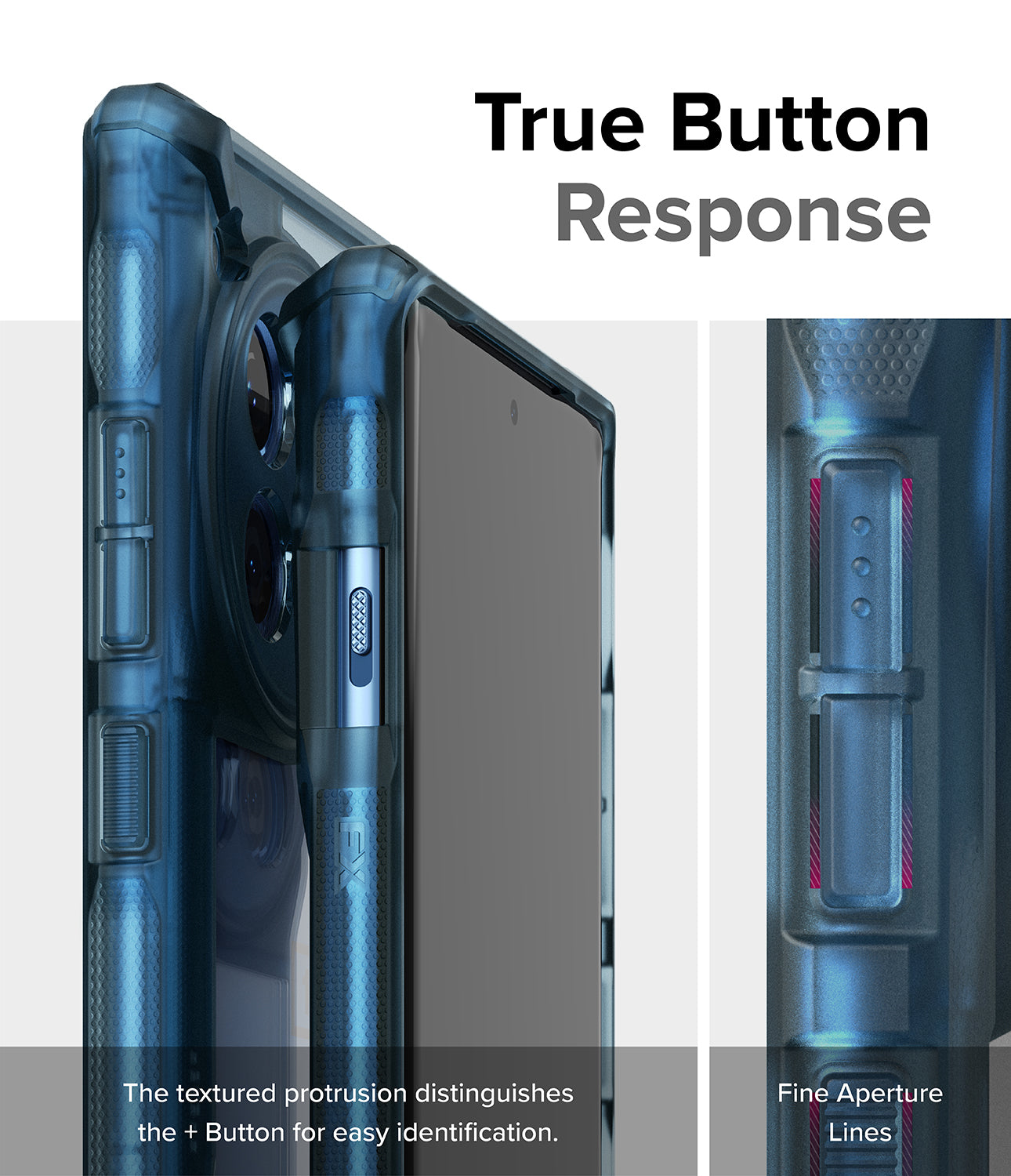 OnePlus 12R Case | Fusion-X Space Blue - True Button Response. The textured protrusion distinguishes the + buttons for easy identification. Fine Aperture Lines